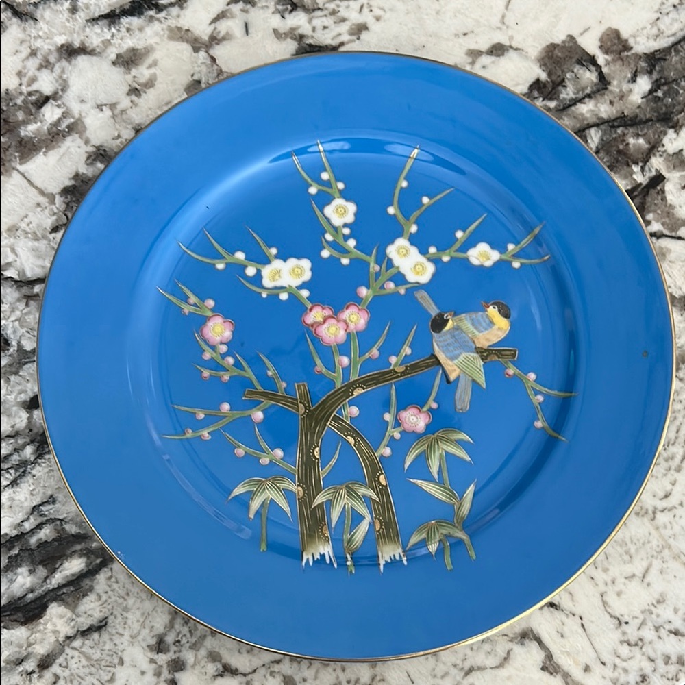 Vintage Japanese Blue Decorative Plate with Floral and Bird Design